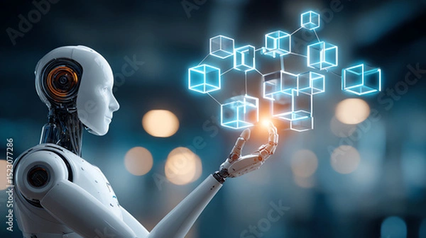 Obraz humanoid with a glowing holographic network of floating cubes, AI generated
