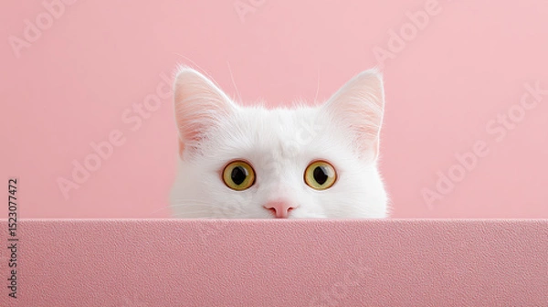 Obraz white cat behind pink wall, AI generated image