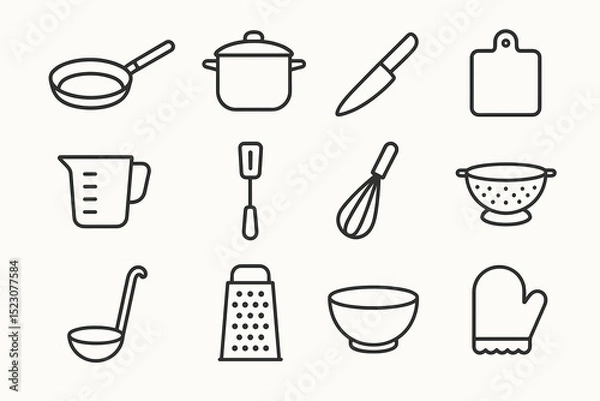 Fototapeta Set of 12 minimalist kitchen utensil icons: frying pan, pot, knife, cutting board, and more
