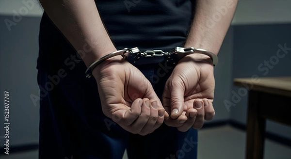 Obraz Close-up of man’s hands cuffed behind his back during arrest in police station