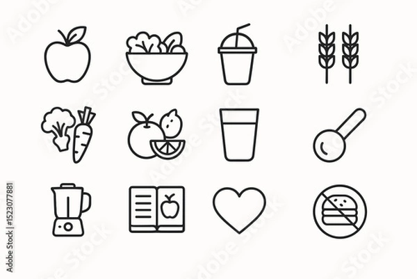 Fototapeta Healthy food and drink icons including fruits, vegetables, smoothie, and blender