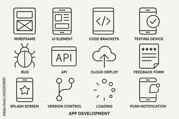 Fototapeta App development icons: wireframe, ui, code, testing, bug, api, cloud, feedback