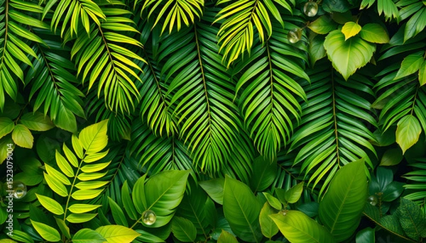 Fototapeta Lush emerald palm fronds. Vibrant leafy green backdrop. Tropical forest with dense greenery., Paper Cutout style. White tone