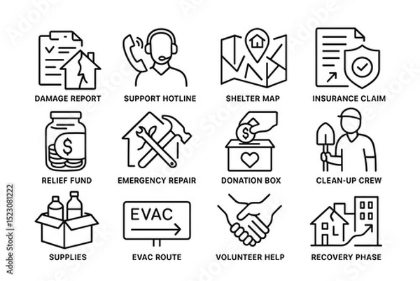 Fototapeta Emergency management icons: support, shelter, insurance, relief, recovery