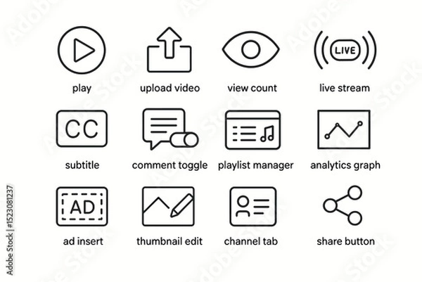 Obraz Media interface icons: play, upload, view, stream, share, edit, toggle, count, graph, manager