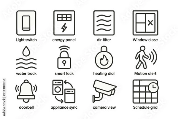 Fototapeta Smart home device icons: light switch, energy panel, air filter, window, security, alerts
