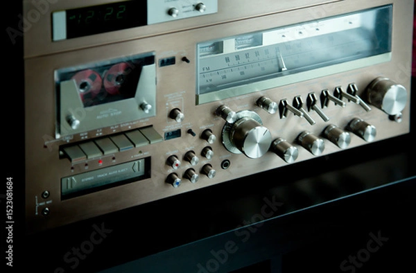 Obraz Vintage Audio Stereo Gear Setup Copper Front Panel with Multiple Controls Including Display, Knobs, Buttons, Keys, Switches