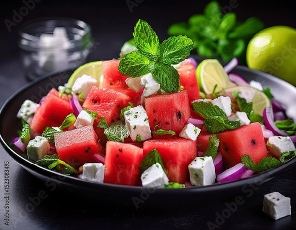 Obraz Wassermelonen-Feta-Salat mit Minze