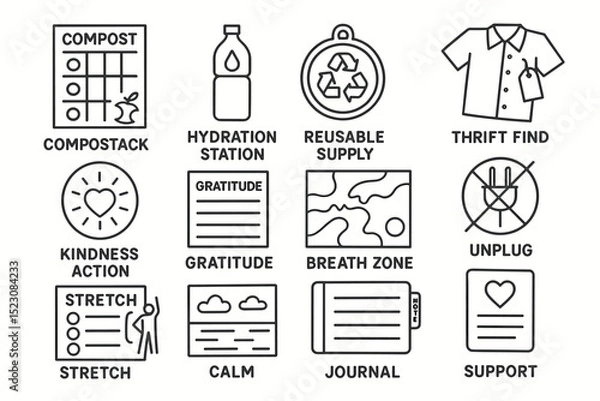 Fototapeta Eco-friendly icons: compost, recycle, thrift, hydrate, gratitude, calm, and more