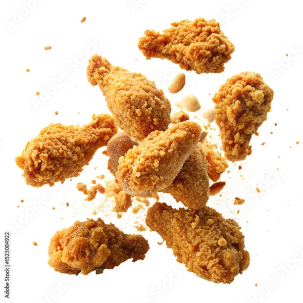 Fototapeta Crispy Fried Chicken Pieces In Mid Air With Golden Crust