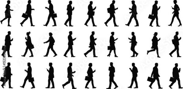 Obraz Silhouettes of walking business people with briefcases, office employees commuting, professional characters on the move, corporate vector illustration