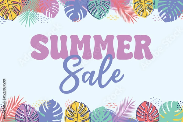 Fototapeta Promotion poster with colourful hand drawn tropical leaves. Summer Sale background. Vector illustration