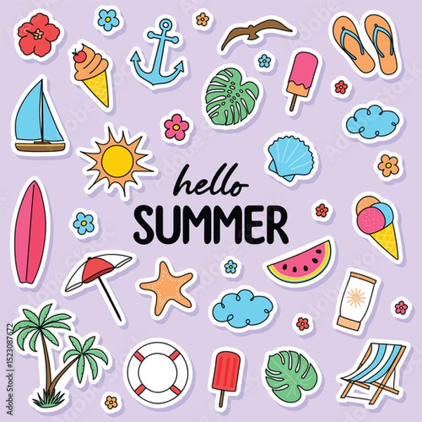 Fototapeta Hand drawn summer stickers. Icon set. Vector illustration