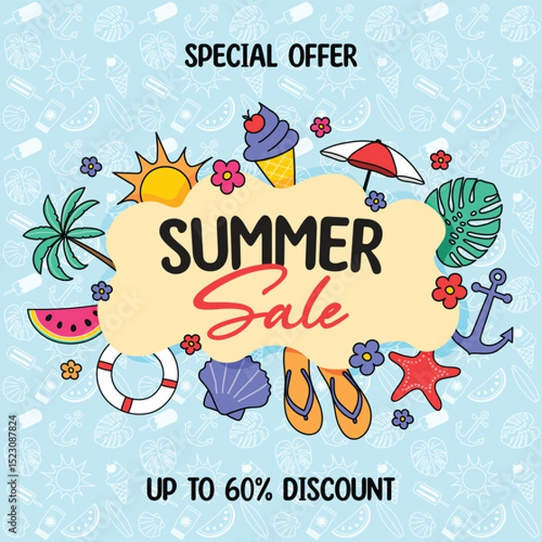 Fototapeta Summer Sale background. Promotion poster with colourful hand drawn holiday symbols. Vector illustration