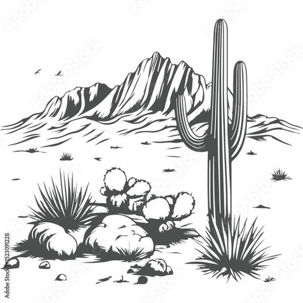 Obraz Cactus vector illustration in desert landscape with nature elements