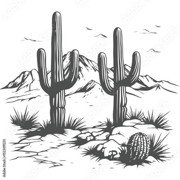 Obraz Cactus vector illustration in desert landscape with nature elements