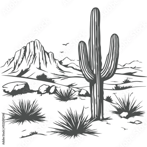Obraz Cactus vector illustration in desert landscape with nature elements