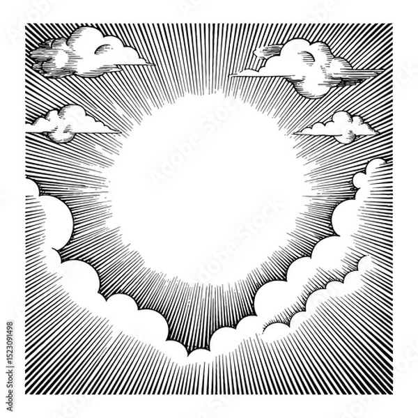 Fototapeta Sun Shining Through Clouds with Rays Black and White Outline Line Art Drawing Bright Sky Scene