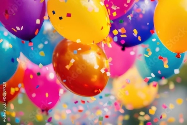 Fototapeta Colorful balloons and confetti create a festive atmosphere during a celebration outdoors in the afternoon