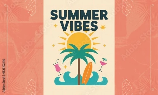 Obraz Summer vibes with palm tree sun surfboards and cocktails