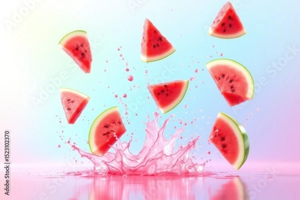 Obraz Watermelon slices splash in colorful background with vibrant liquid droplets
