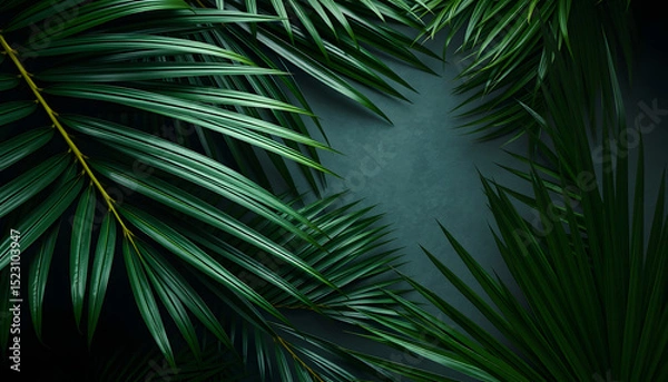 Fototapeta Lush tropical foliage with vibrant green leaves and textured palms, dark botanical flat lay composition., comic art. White tone