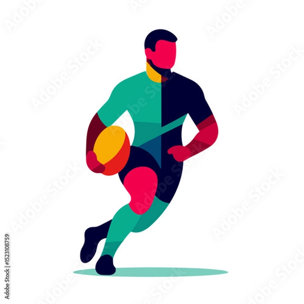 Obraz Dynamic rugby player running with a ball in a modern colorful design on transparent background representing speed, energy, and athleticism for sports branding and digital design