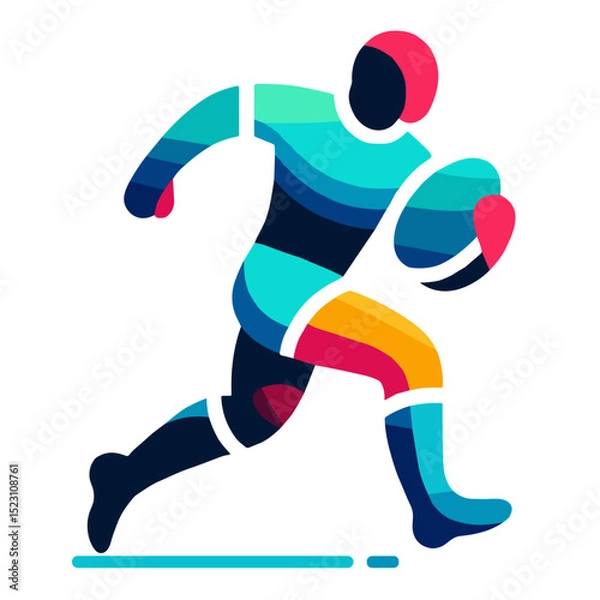 Obraz Stylized rugby player sprinting with ball in bright modern vector design on transparent background symbolizing energy, speed, and competitive spirit in rugby sport