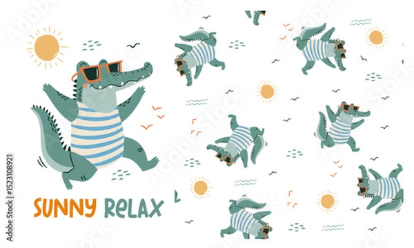 Obraz Set of vector prints for printing on children's products. Cute crocodile in swim trunks and sunglasses, caption. Seamless vector pattern. Vector illustration