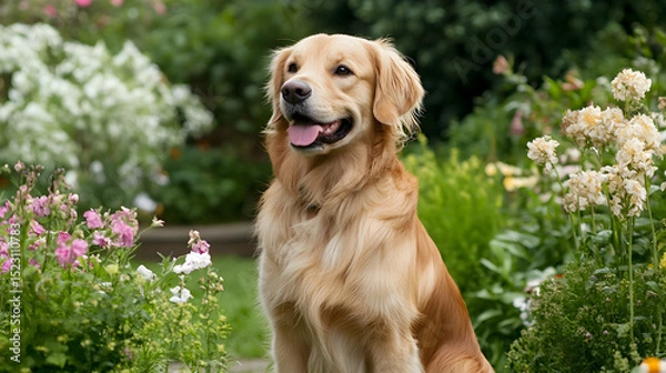 Fototapeta un perro fiel amigable y alegre sonriente paseando entre el campo entre las plantas y flores compañero perro fiel amigable jugueton