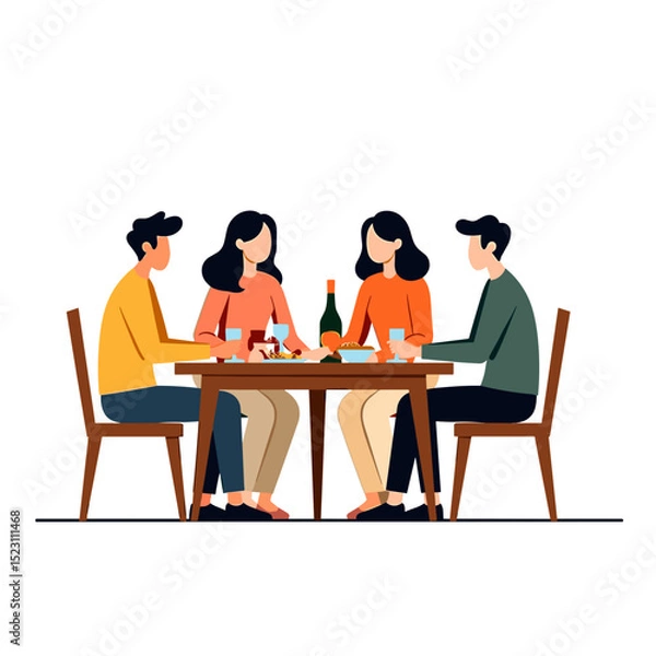 Obraz Illustration of Four People Dining Together at a Table with Food and Drinks, Enjoying a Meal