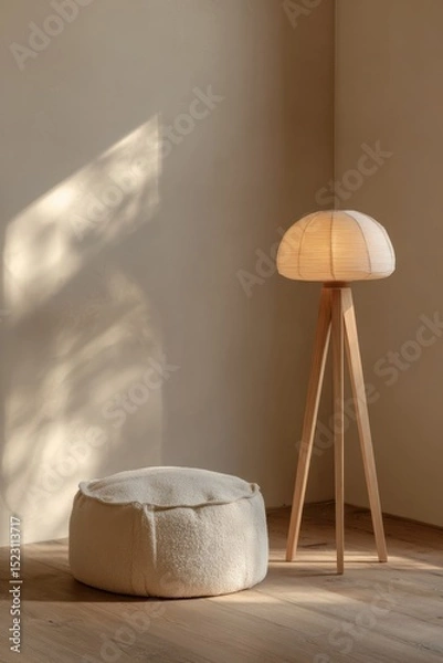 Obraz Cozy minimalist interior with soft pouf and wooden floor lamp in japandi style