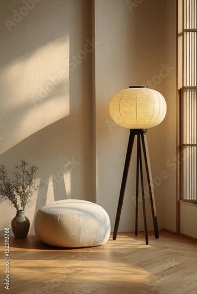 Obraz Cozy minimalist interior scene with elegant floor lamp and pouf in japandi style