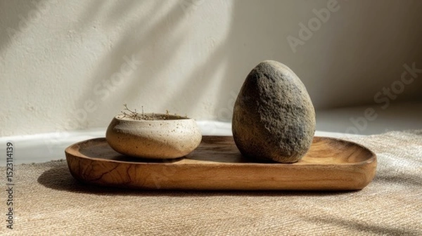 Obraz Minimalist home decor with natural stones and wooden tray for tranquil interior design
