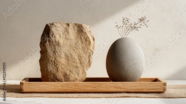 Obraz Minimalist zen decor with stone and egg vase on wooden tray for tranquil spaces