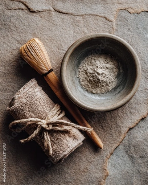 Obraz Japanese tea ceremony essentials with bamboo whisk and matcha powder on textured background for zen decor