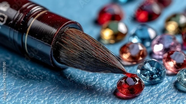 Fototapeta Brush Applying Liquid to Faceted Gems on Textured Surface, Close-up