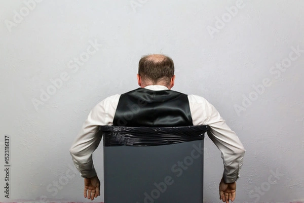 Fototapeta Businessman Stuffed in Trash Can. Concept of Being Sacked or Fired.