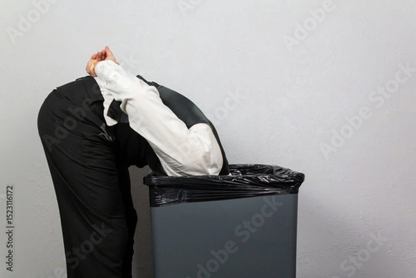 Fototapeta Businessman With His Head in Trash Can as if Inspecting It. Over a Barrel. Concept of Being Sacked or Fired.