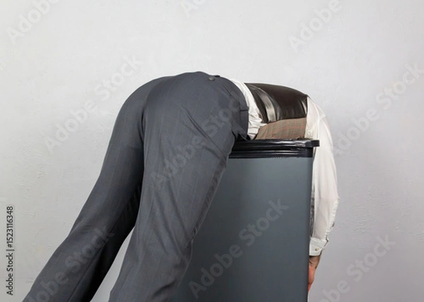 Fototapeta Businessman Thrown on Trash Can. Over a Barrel. Concept of Being Sacked or Fired.