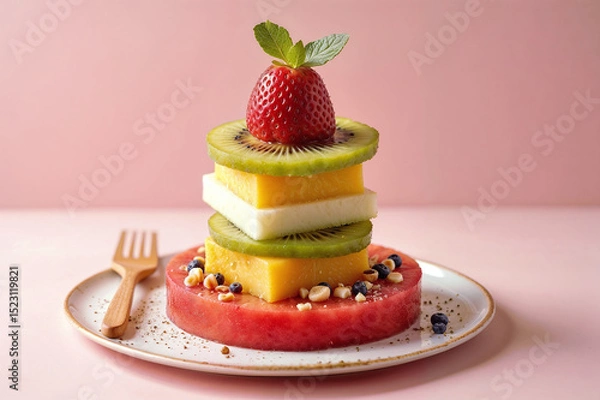 Fototapeta Artfully stacked fresh fruit tower with watermelon, kiwi, and strawberry on a pink background, fruit burger for lunch healthy eating concept