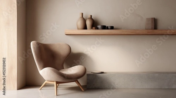 Obraz Minimalist modern living room with stylish chair and wooden shelf,japandi style