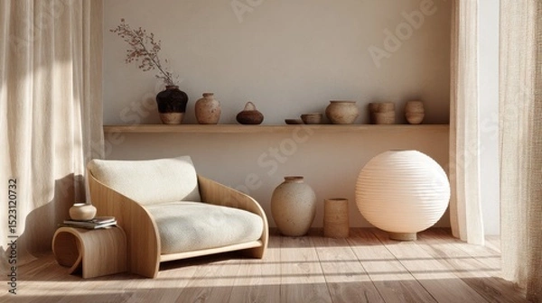 Obraz Minimalist living room with wooden furniture and ceramic decor – cozy home interior design,japandi style