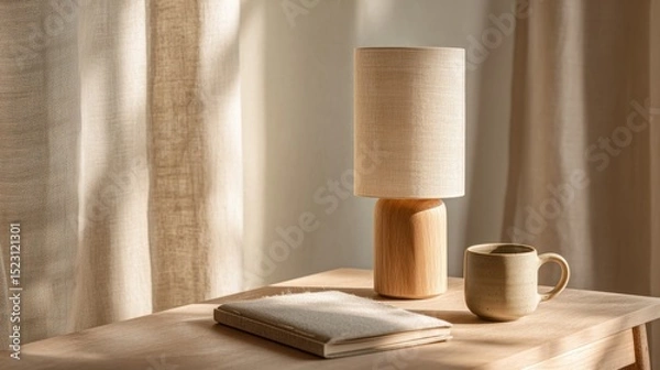 Obraz Cozy minimalist interior scene with lamp, book, and mug for home decor inspiration,japandi style