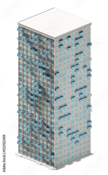 Fototapeta Blue door and window building isometric. 3d rendering.	