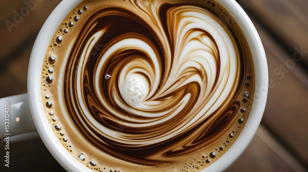 Fototapeta Swirling milk and coffee create a beautiful marbled spiral in a warm cup.