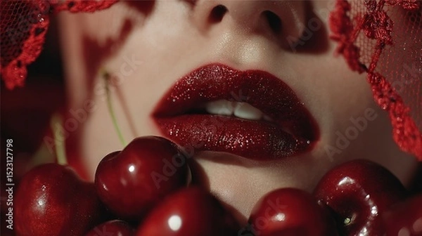 Fototapeta   A close-up of a woman's face with cherries in front of her mouth