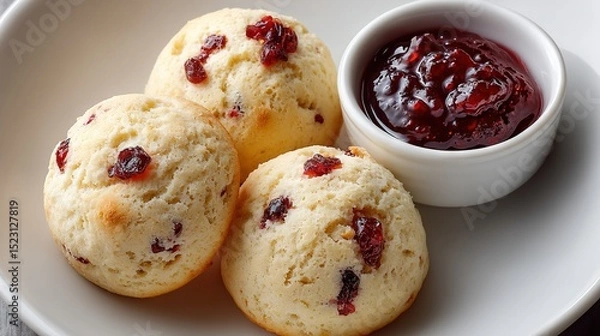 Fototapeta   A white plate displays three scones and a cranberry compote sauce in a small bowl nearby