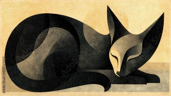 Fototapeta   A monochrome portrait of a feline reclining on the ground with its head inclined and eyes shut