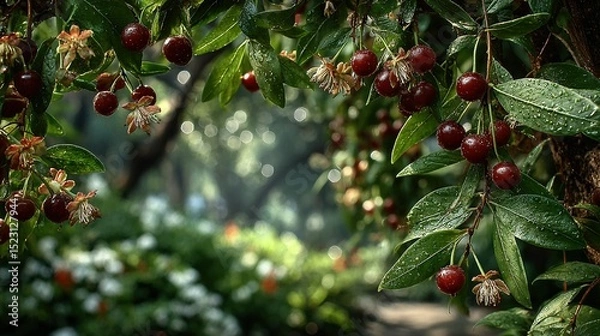 Fototapeta   A lush forest brimming with verdant foliage, adorned with vibrant red berry-laden trees